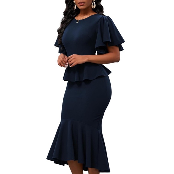 NWOT Elegant Navy Blue Ruffle Short Sleeve Fishtail Peplum Midi Dress Small - Picture 12 of 16